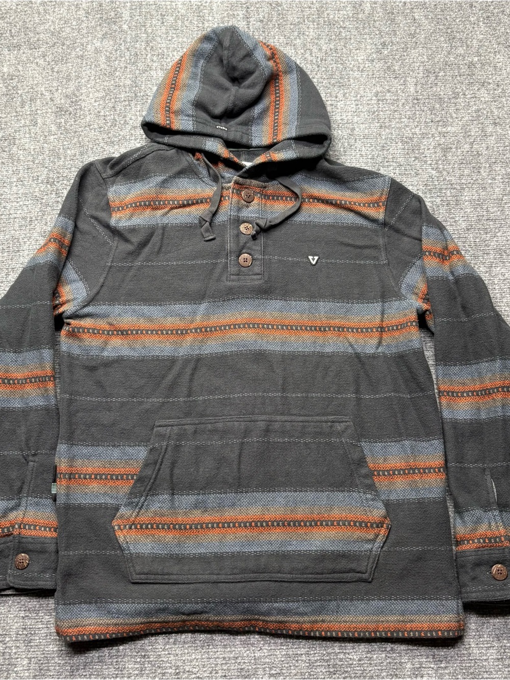 Vissla Hoodie Mens M Black Descanso Popover Striped Cotton Soft Outdoors Surf